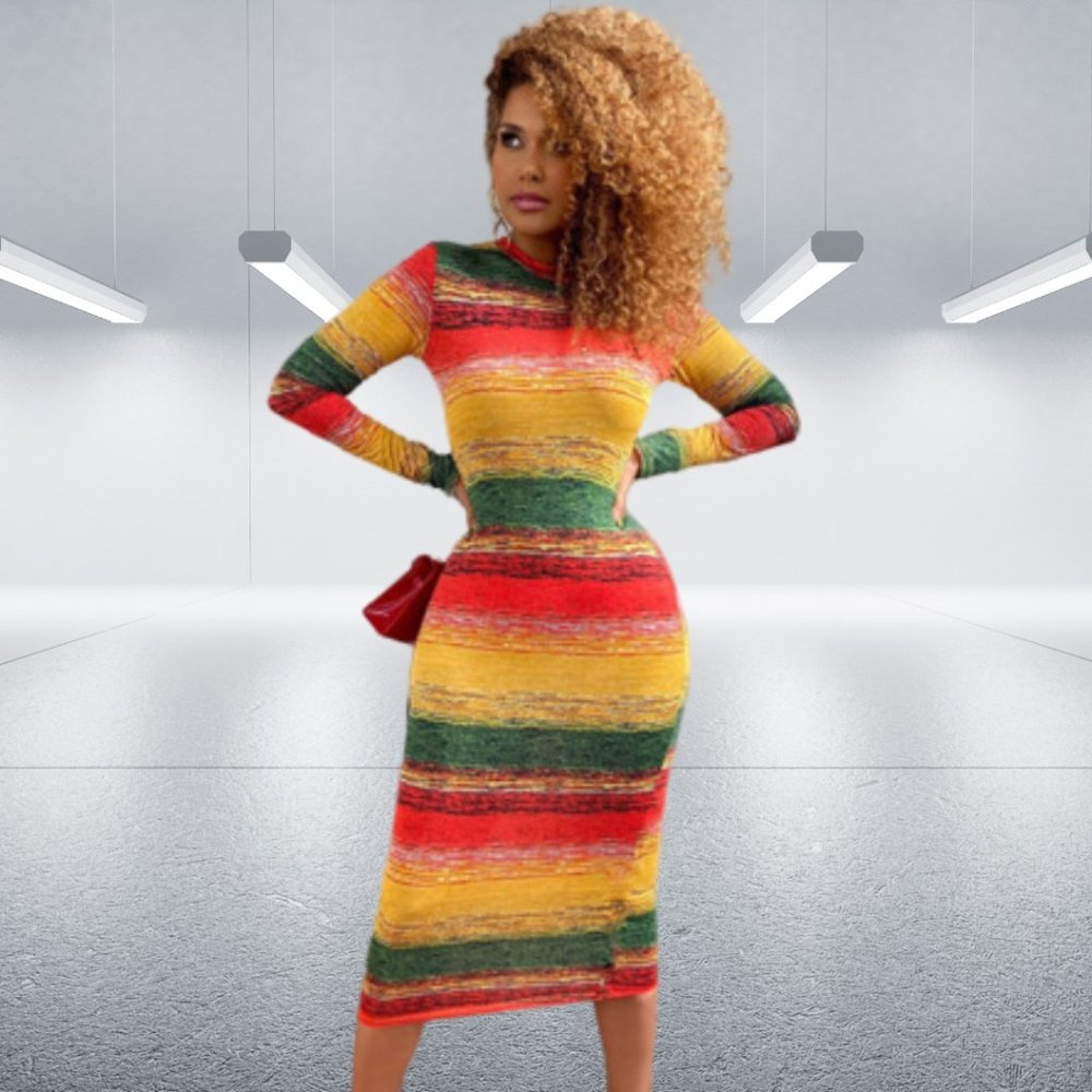 NWT Colorblock Stripe Print L/S Mock Neck Bodycon Dress L